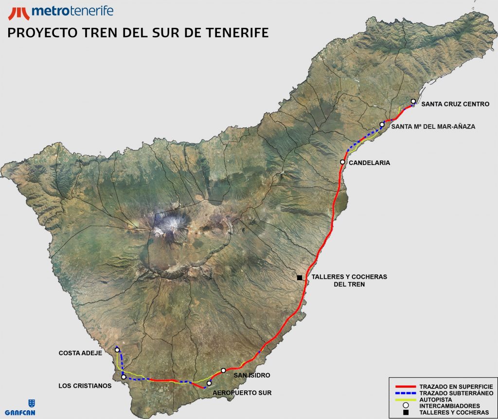 Mapa de la isla de Tenerife con la línea del Tren del Sur