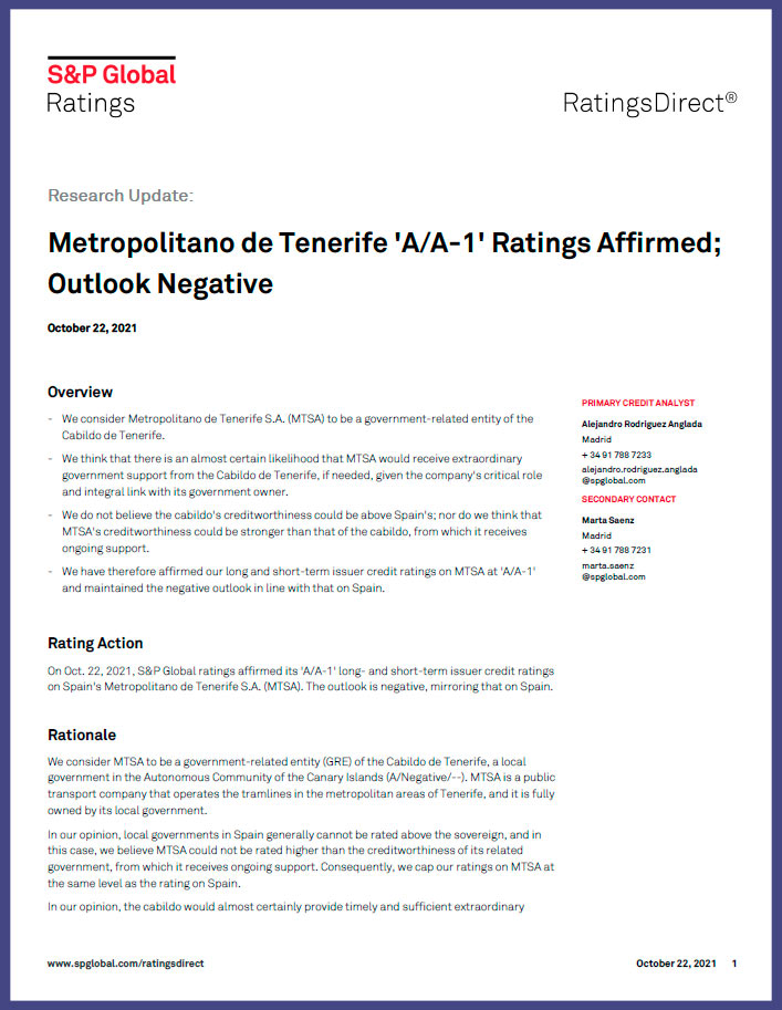 Metrotenerife calificada por Standard & Poor’s