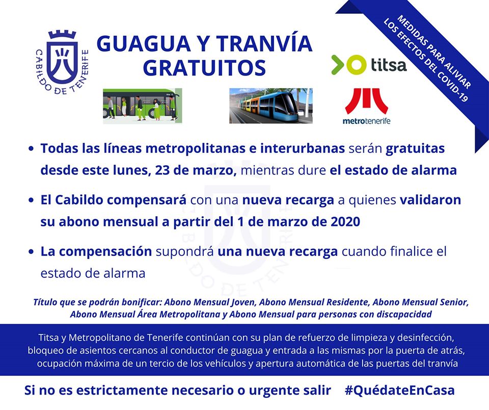 Anuncio del Cabildo de Tenerife con las medidas adoptadas en el transporte público, tranvías y guaguas. 