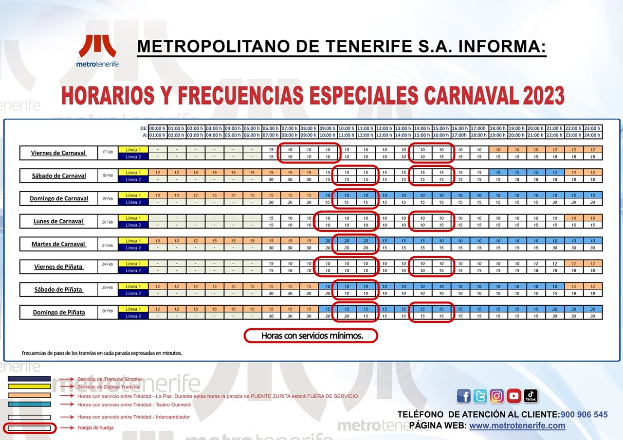 Cuadrante de horarios y frecuencias para Carnavales.