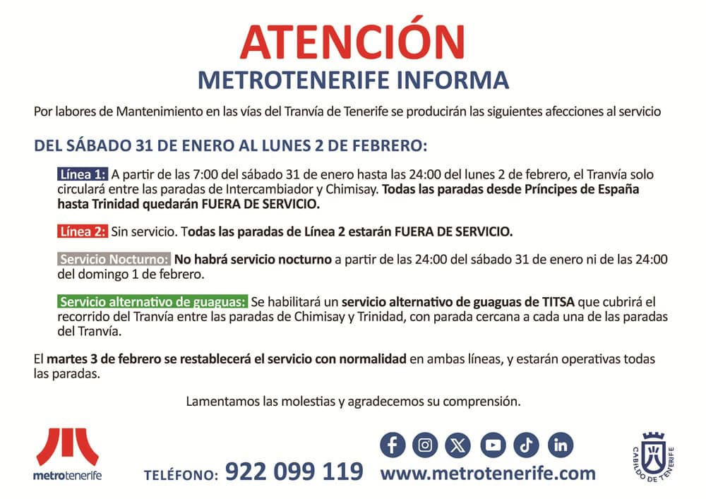 Cartel informativo con servicio alternativo de guaguas.